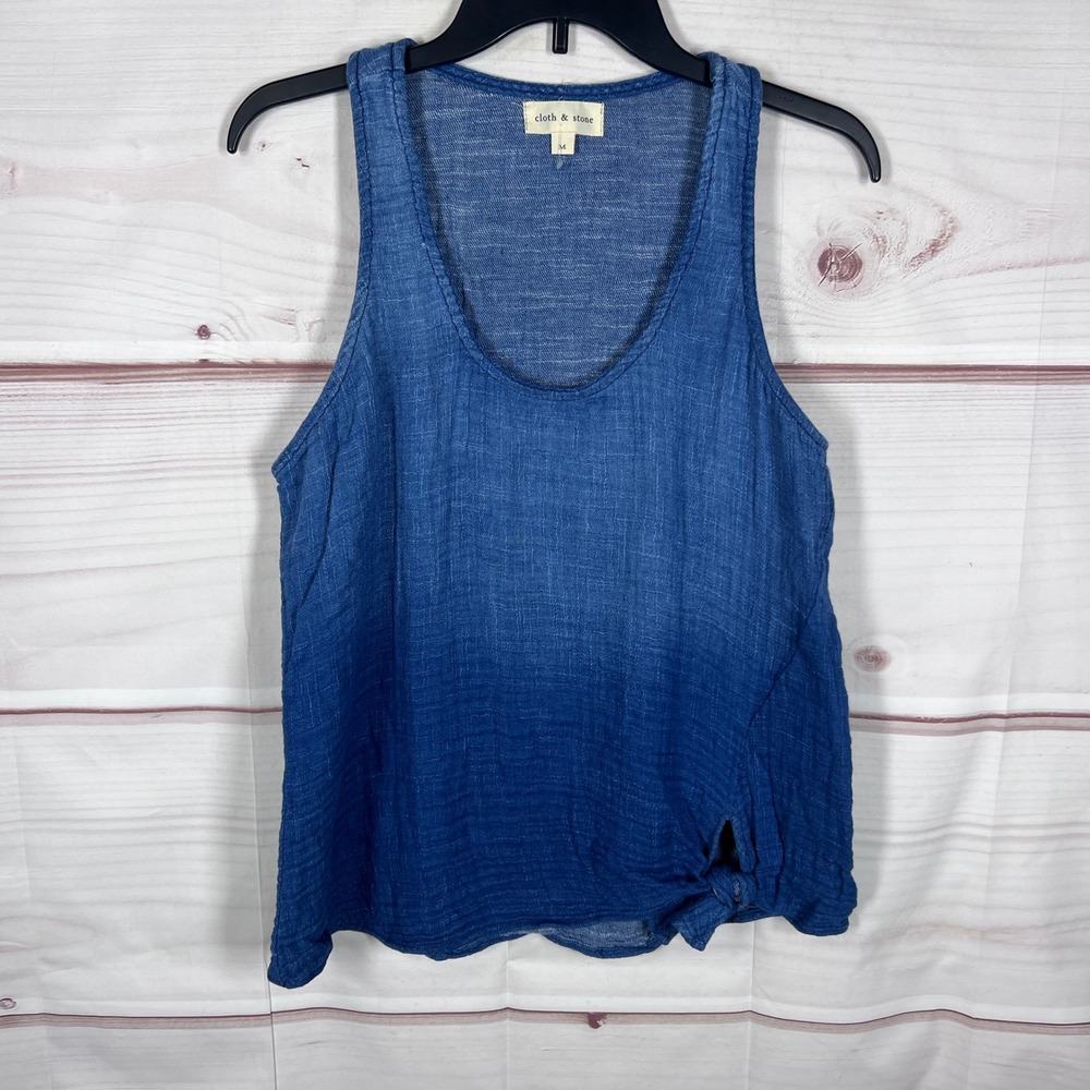 Cloth & Stone Tank Top Womens Medium Blue Ombre Tie Hem Scoop Neck Cotton Gauze